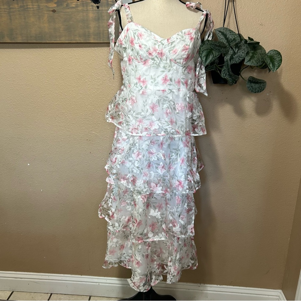 Lulus Endlessly Gorgeous White Floral Burnout Tie-Strap Midi Dress Size XL NWT - Picture 2 of 11